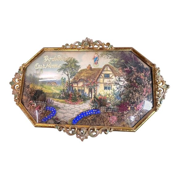 Antique God Bless Our Home Religious Bubble Convex Glass Picture Dried Flowers - Picture 1 of 7